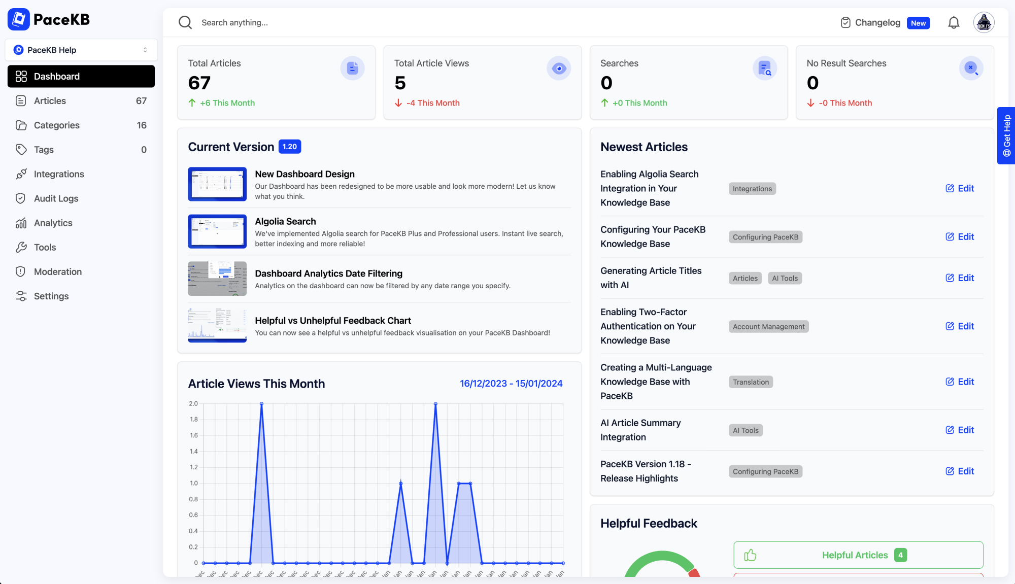 PaceKB Dashboard with advanced analytics available